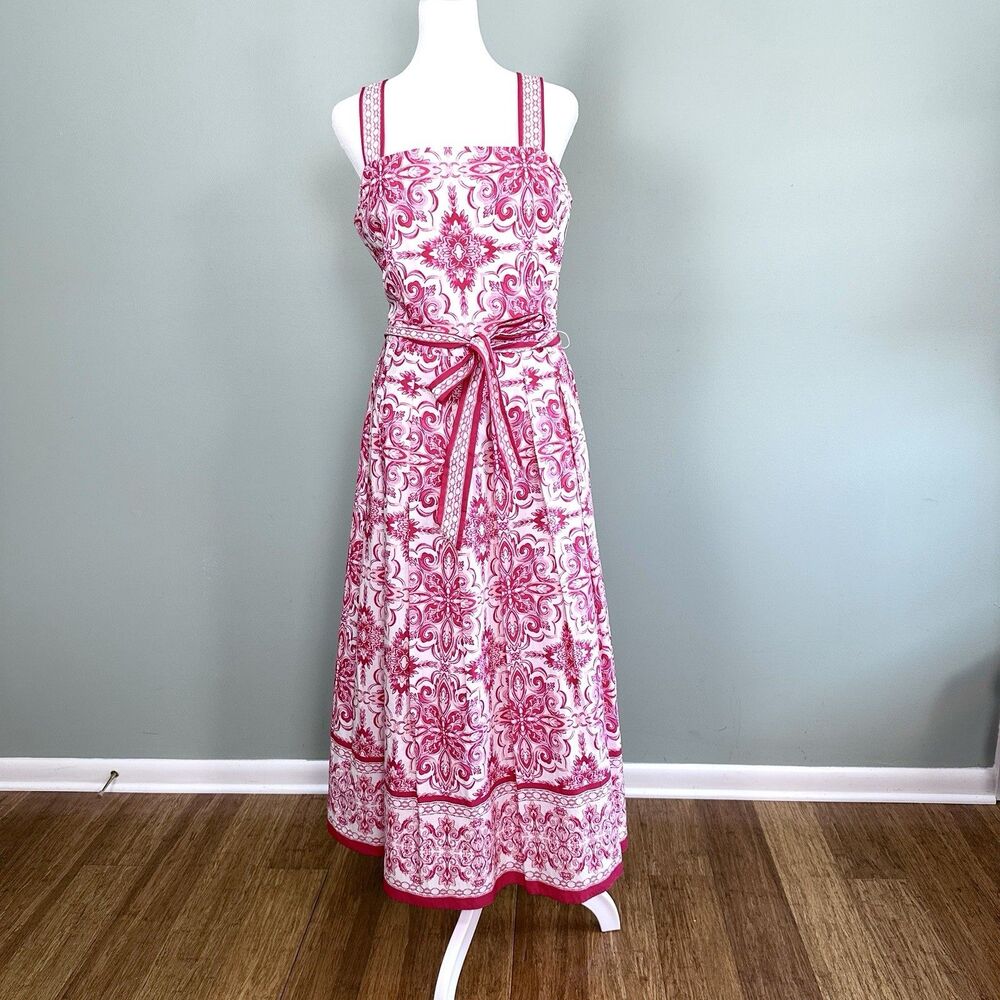 Talbots Tie Waist Maxi Dress Womens 10P Red White Medallion Cotton Cottagecore